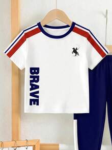 Baby Boys Loose Casual Sports Short Sleeve T-Shirt And Pants 2-Piece Set, Comfortable For Spring/Summer, Classic Gentleman Striped Pattern Print, Exquisite Knight Small Logo Print, Back To School Outfit - Multicolor - View 5