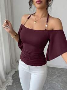 SHEIN Elenzya 女款純色細肩帶背心T恤，掛脖短袖簡約優雅修身抓褶上衣，春夏新品，適合日常通勤、音樂節、晚餐、派對、度假，復古百搭風格 - 紫色 - 查看 3