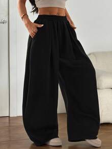 SHEIN PETITE Women's Solid Color Elastic Waist Loose Harem Pants ,Petite Women - Black - View 5
