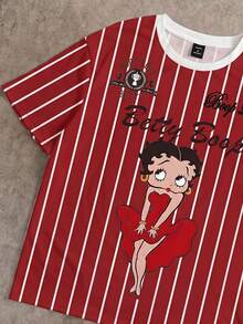 Betty Boop x SHEIN SHEIN EZwear 休閒圓領短袖寬鬆女款T恤 紅白條紋印花街頭風 日常外出夏季穿搭 - 彩色 - 查看 4