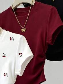 SHEIN Tween女孩收腰短袖T恤盲盒 3合1隨機發貨 櫻桃印花短袖T恤 白色 黑色 酒紅色 適合外出街頭穿搭 日常基礎百搭 春夏秋冬四季皆宜 - 彩色 - 查看 4
