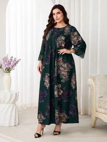 Al Najma Plus Size Women's Floral Print Arabian Dress - Dark Green - View 7