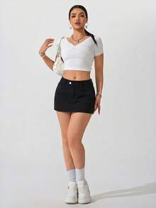 SHEIN ICON Women's Simple Casual Solid Color Slant Pocket Mini Denim Skirt, Summer Festival - Black - View 3