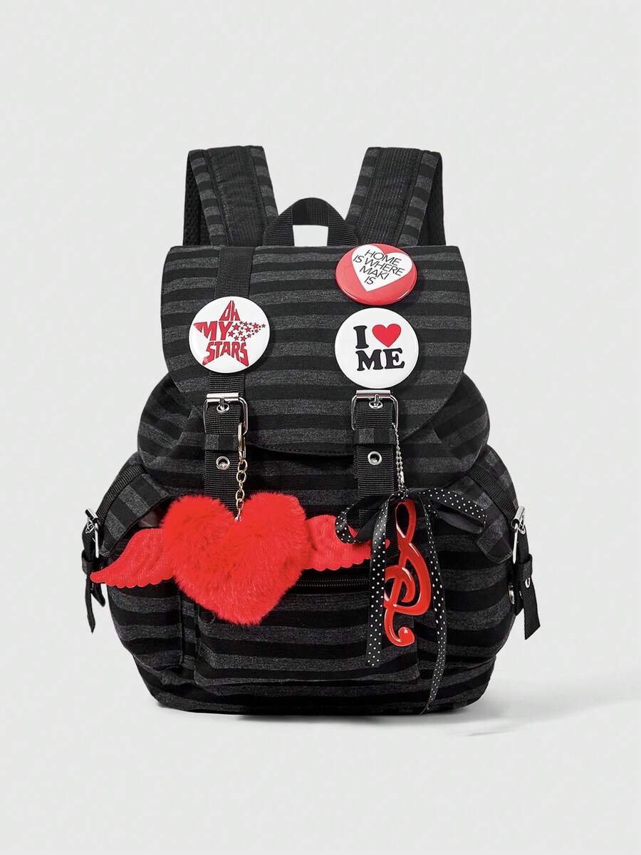 ROMWE Anime Mochila Y2k College Wind de gran capacidad con rayas de colores contrastantes y múltiples bolsillos, con insignia de nota de amor roja, adecuada para desplazamientos diarios, escuela, etc. - Raya 2 - Ver 1