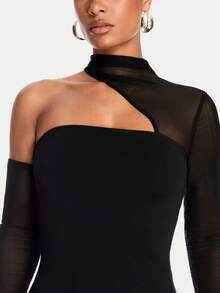 SHEIN BAE 女款單肩露肩長袖純色連身衣 - 黑色 - 查看 6
