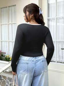 GalTyme Plus Size Women Deep V-Neck Colorblock Casual Versatile Daily Long Sleeve T-Shirt Fall - Black - View 2