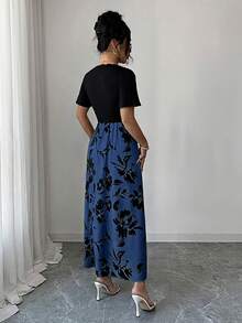 Elenzga 女款 2026 春夏新款優雅拼色拼接花卉印花長洋裝 - 藏蓝色 - 查看 2