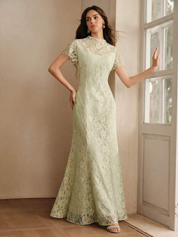 Anewsta Elegant Sexy Party Evening Dress With Heavy Craft Lace Embroidery, Small Stand Collar, Short Sleeve, Waist-Cinching, Bodycon Fishtail Long Dress For Women