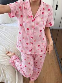 SHEIN 女款草莓格紋蝴蝶結印花翻領短袖長褲睡衣套裝 - 彩色 - 查看 4