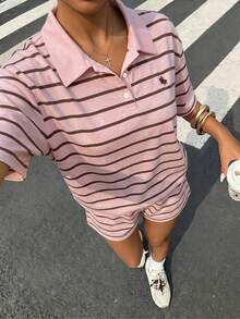 Muchica 女款休閒短袖 Polo 衫與短褲套裝，條紋套裝，適合日常通勤、約會、聚會，秋冬春夏，聖誕節、新年、感恩節、派對、婚禮、海灘、畢業典禮，時尚優雅休閒，適合外出、約會、通勤 - 彩色 - 查看 3