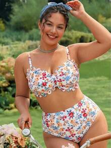 Swim Mod Floral Digital Print Bikini Set,White Summer Bachelorette Party Beach Holiday,Removable Padded Bra,Adjustable Strap,Ruffle High Waist Bottom - Multicolor - View 5