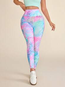 SHEIN Core Rhythm High Waist Ombre Leopard Print Digital Leggings With Phone Pocket, For Sports & Outdoor Exercise, Autumn/Winter - Multicolor - View 7
