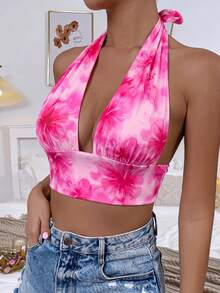 SHEIN Unity 女款花卉印花性感百搭掛脖上衣，適合約會與外出 - 粉色 - 查看 4