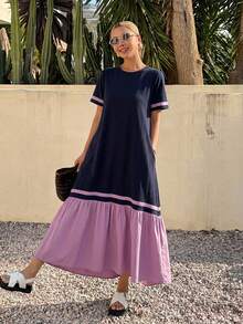 DAZY Women's Casual Color Block Patchwork Long Dress For Summer,Teacher Outfits - Navy Blue - View 14