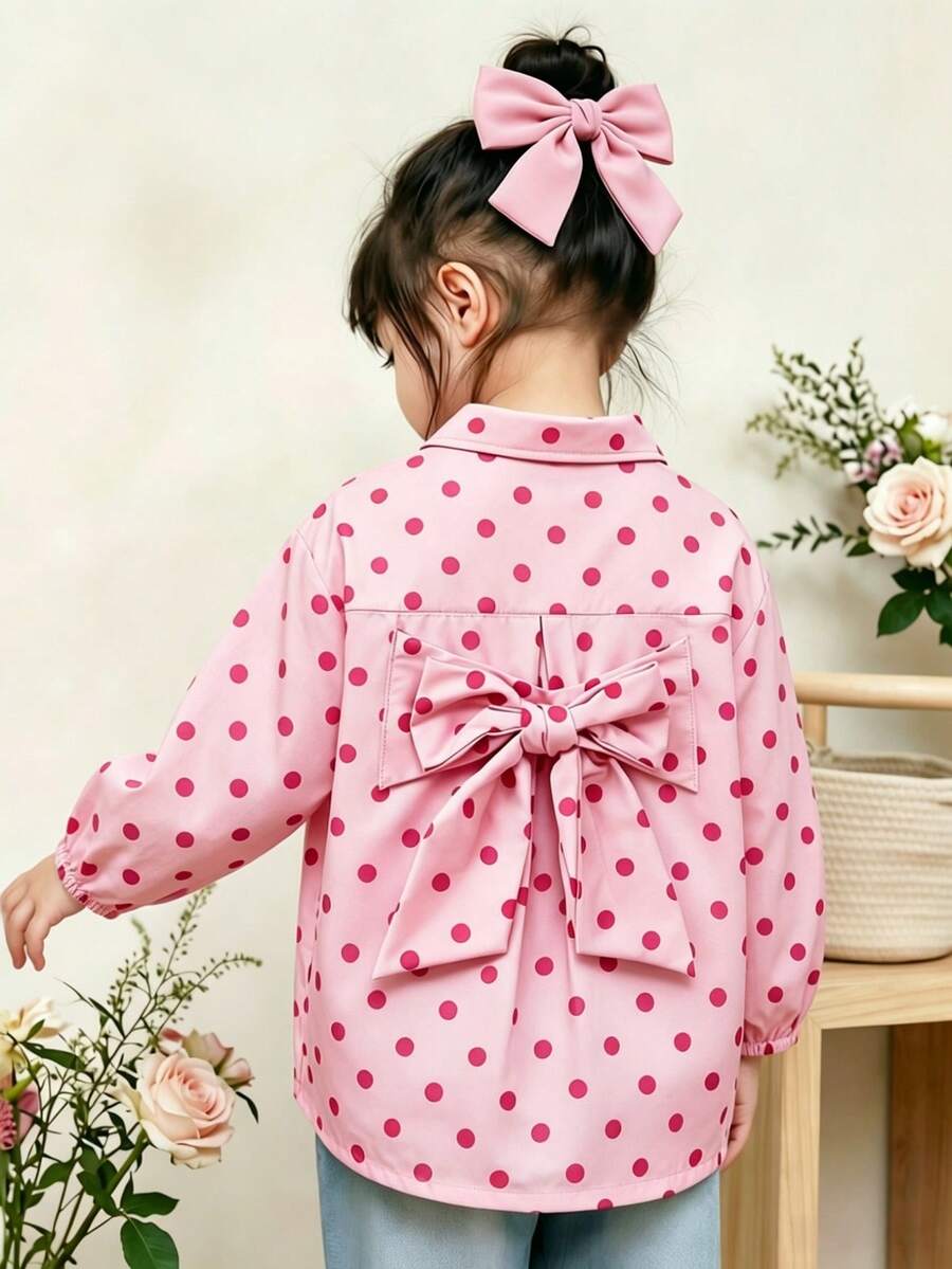 SHEIN Vintaside Kids 女童粉色波點翻領七分袖上衣,背後大蝴蝶結設計,長袖鈕扣開襟,秋季度假上衣 - 粉色 - 查看 1