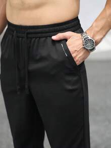 Manfinity Homme 男士抽繩腰帶口袋商務休閒長褲 - 黑色 - 查看 7