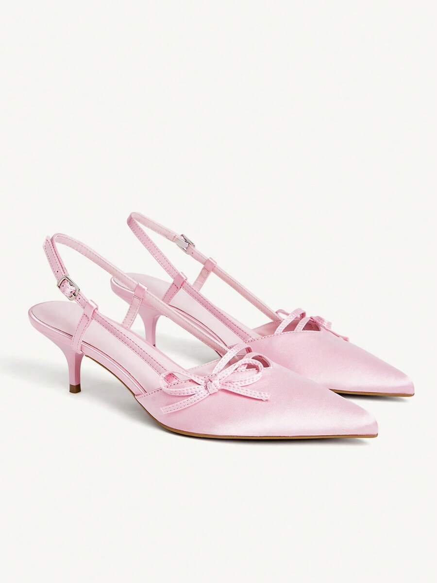 CUCCOO CHICEST 女士粉色緞面蝴蝶結時尚優雅氣質尖頭小貓跟鞋 - 粉色色丁 - 查看 1