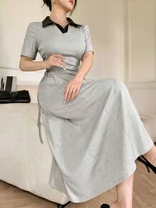 Modelyn Women Grey Ribbed Knit Midi Dress Contrast Polo Collar Side Cutout Lace Up Slim Long Dress Daily Elegant Wear - Grey - View 8