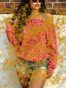 Rovax Rose Red Leopard Print Off-Shoulder Loose Long Sleeve Sweatshirt Y2K Vintage Leopard Print Off-Shoulder Loose Long Sleeve Women's - Hot Pink - View 3