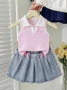 SHEIN Playful Pals 女童夏季淺藍色V領蝴蝶結刺繡背心套裝，搭配復古牛仔彈性腰設計，腰帶3D蝴蝶結修身套裝 - 彩色 - 查看 3