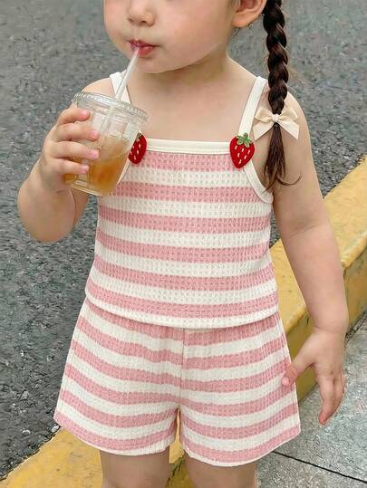 Playful Pals 2pcs Baby Girls Sleeveless Camisole Pink And White Striped Knit Jacquard Top + Elastic Waist Shorts Casual Minimalist Cute Set, Suitable For Summer