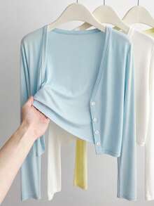 GlowEve Cooling Loose Casual Silhouette Cape Button-Up Top, Suitable For Daily Wear, Vacation, Commuting And Outings Travel Light Blue Autumn Everyday - Blue - View 3