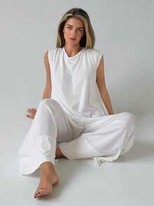 Livesso Women's Solid Color Casual Daily Home Wear Jumpsuit Wide Leg Pants Pajamas - White - View 3