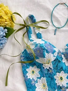 Soleia 女款花卉刺繡圖案休閒百搭日常穿著上衣 - 藍色 - 查看 6