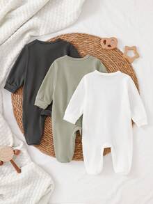 SHEIN Vintaside Kids 3件組新生兒嬰兒連身衣套裝，長袖連腳爬行服，居家穿著，適用男嬰女嬰，橄欖綠、淺灰色、白色，秋冬保暖舒適 - 彩色 - 查看 3