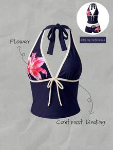 Elavelle 女士春夏蝴蝶结细肩带印花比基尼上衣 - 彩色 - 查看 4