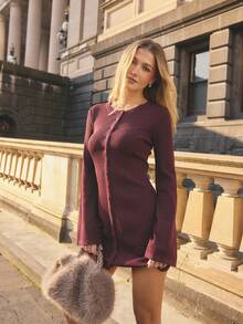 Aralina Women Ribbed Knit Dress Button Front Crew Neck Long Sleeve Slim Fit Casual Festival Vacation Fall Winter Going Out World Cup 2026 - Burgundy - View 6