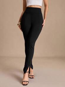 COSMINA Women's Solid Color High Waist Split Hem Casual Basic Modest Leggings Office Work Black Autumn - Black - View 3