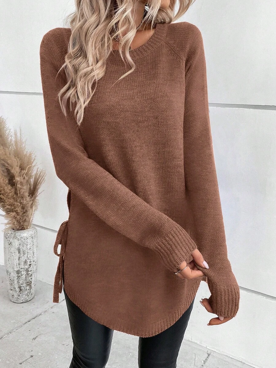 SHEIN LUNE 女款素色圓領長袖側綁帶休閒毛衣 - 紅木色 - 查看 1
