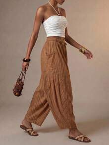 Zivah Women's Summer Brown Striped Boho Vacation Holiday Linen Fabric Loose Harem Lantern Long Pant With Side Pockets,Casual Nomadic Beach Party Outfits - Rust Brown - View 10