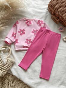 SHEIN Vintaside Kids 女嬰秋冬新款花卉印花羅紋圓領衛衣與羅紋內搭褲舒適時尚極簡套裝 - 粉色 - 查看 2