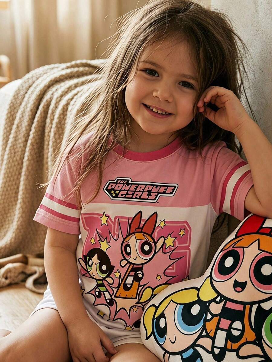THE POWERPUFF GIRLS X SHEIN Maija Kids 少女休闲简约圆领短袖T恤,适合夏季穿着 - 彩色 - 查看 1