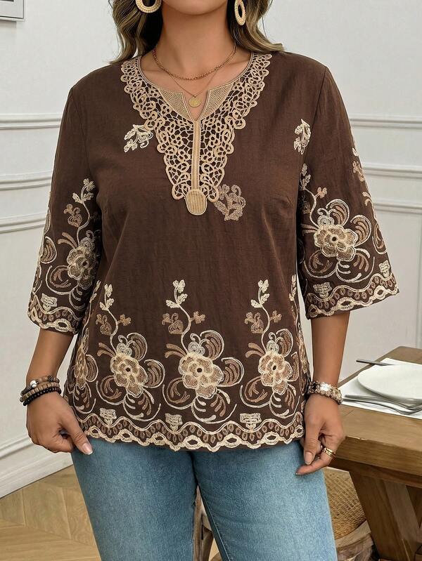 Comfylo Camisa Bordada Versátil de Moda Talla Grande Elegante para Vacaciones y Citas