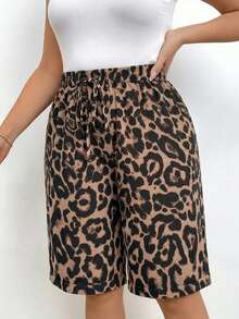 EMERY ROSE Plus Size Casual Leopard PrintBermuda Shorts With Pockets And Decorative Drawstring - Multicolor - View 6