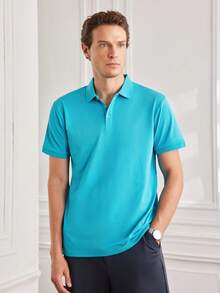 Officeau Men's Summer Lightweight Fabric Polo Shirt Slim Fit Short Sleeve Solid Color Collar Top, Suitable For Daily, Commute, Office, Light Sports - Mint Blue - View 7