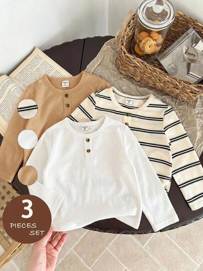 SHEIN LMoss Kids Young Boy 3pcs Knit Solid Color Striped Crew Neck Casual T-Shirt Set