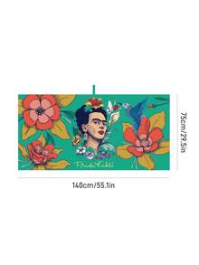 Frida Kahlo X SHEIN 1件裝卡通海綿印花浴巾，沙灘巾，可用於海邊，游泳毛巾 - 綠色 - 查看 3
