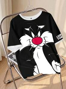LOONEY TUNES X SHEIN 大尺碼夏季休閒卡通印花T恤 - 白色 - 查看 1