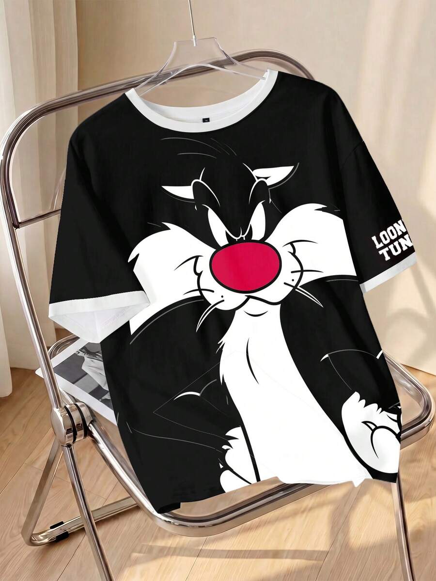 LOONEY TUNES X SHEIN 大尺碼夏季休閒卡通印花T恤 - 白色 - 查看 1