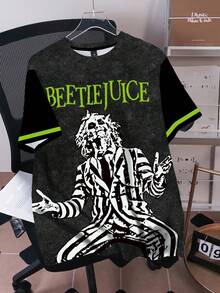 Beetlejuice X SHEIN 男士夏季休閒角色印花T恤 - 白色 - 查看 1