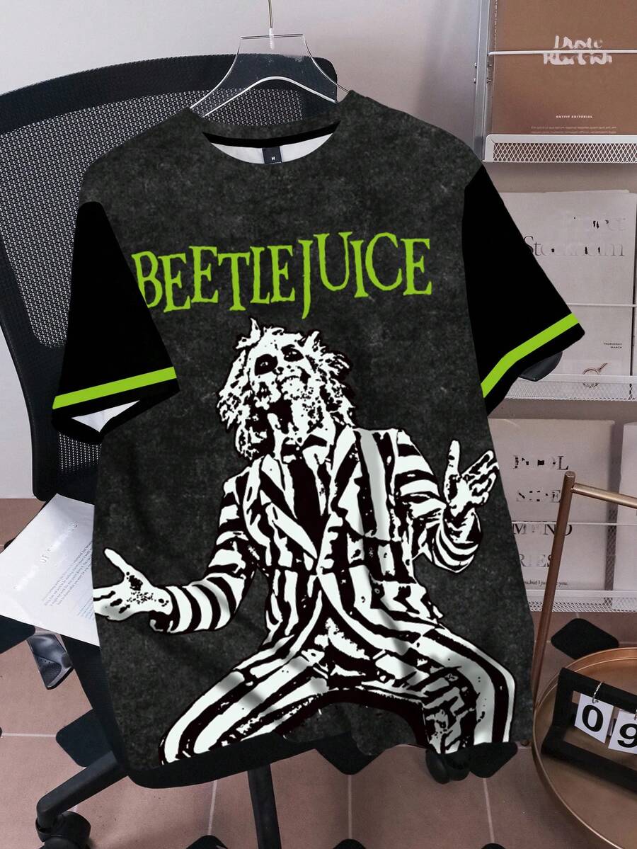 Beetlejuice X SHEIN 男士夏季休閒角色印花T恤 - 白色 - 查看 1