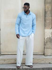 thenoahjr thenoahjr Men's Lightweight Loose Fit Linen Blend Long Sleeve Polo Shirt, Shallow Blue, Half-Zip Design, Breathable & Comfortable, Suitable For Beach & Outdoor Activities (Summer Fabric Is Thin & Slightly Sheer; European & American Sizes Run Larger!! Sleeves Are Longer, Recommend Ordering One Size Smaller!) - Baby Blue - View 5