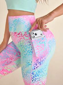 SHEIN Core Rhythm High Waist Ombre Leopard Print Digital Leggings With Phone Pocket, For Sports & Outdoor Exercise, Autumn/Winter - Multicolor - View 4