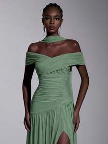 Elitara Elegant Minimalist Chic Off-Shoulder Ruched Asymmetric A-Line High Slit Dress, Suitable For Weddings, Formal Events, Galas, And Cocktail Parties - Green - View 3