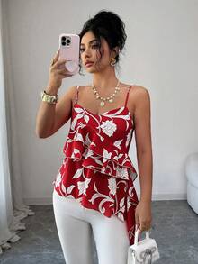 SHEIN Elenzya 浪漫花卉印花V領拼接女款細肩帶背心，不對稱荷葉邊下擺 - 彩色 - 查看 4