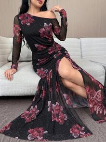 Feyla 優雅性感花卉印花女款不對稱領長袖側開衩下擺洋裝，黑色花卉秋季派對約會外訪穿搭 - 彩色 - 查看 5